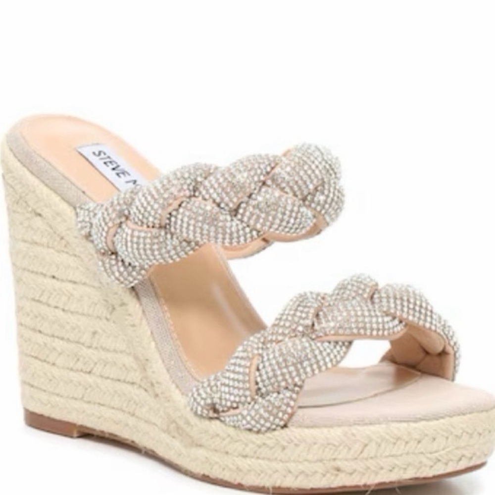 Steve Madden – Uzo Rhinestone Braided Espadrille Wedge Sandals – Nude – Sz. 7